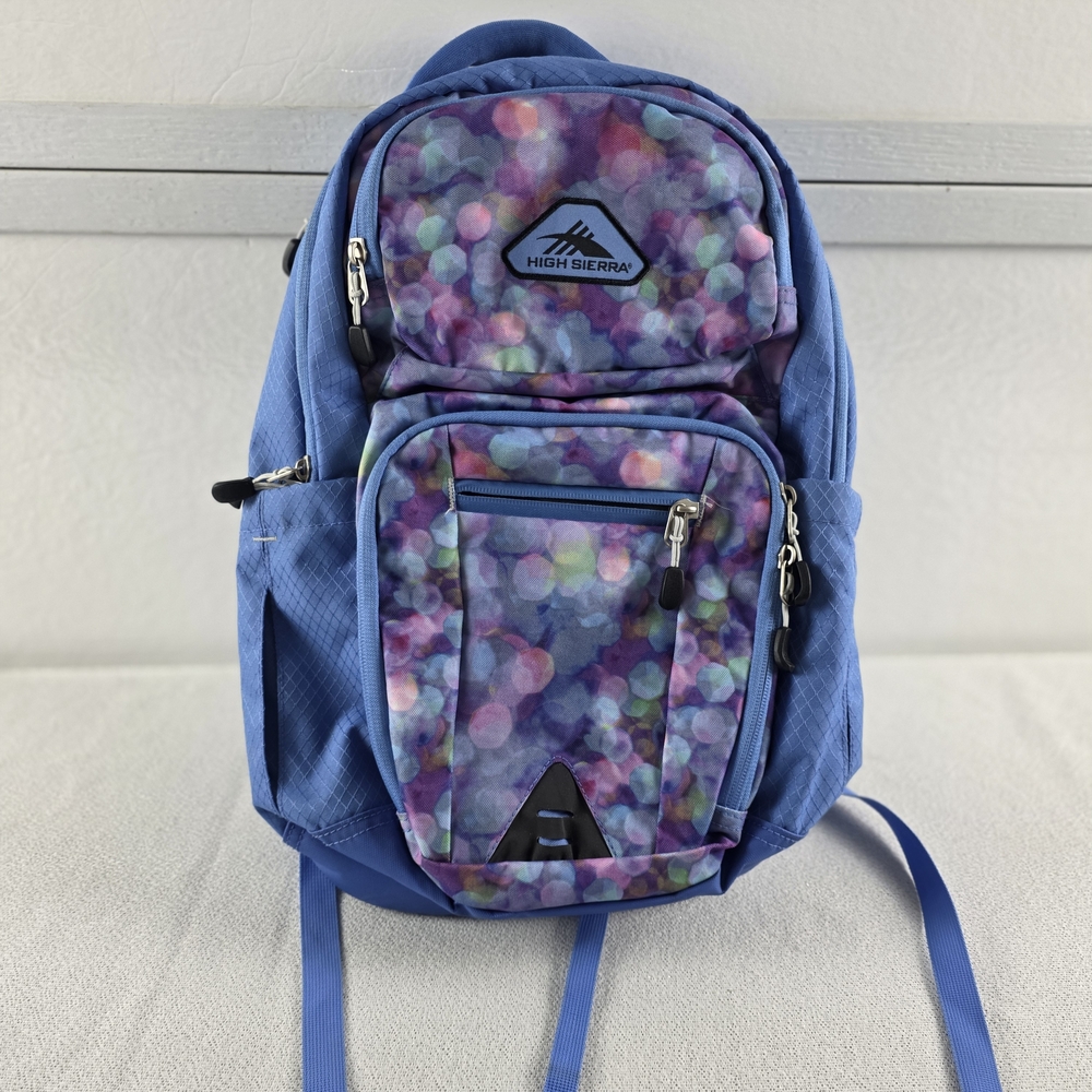 High Sierra Backpack Blue Pink Padded Computer Sleeve 5 Zipper Side Pocket